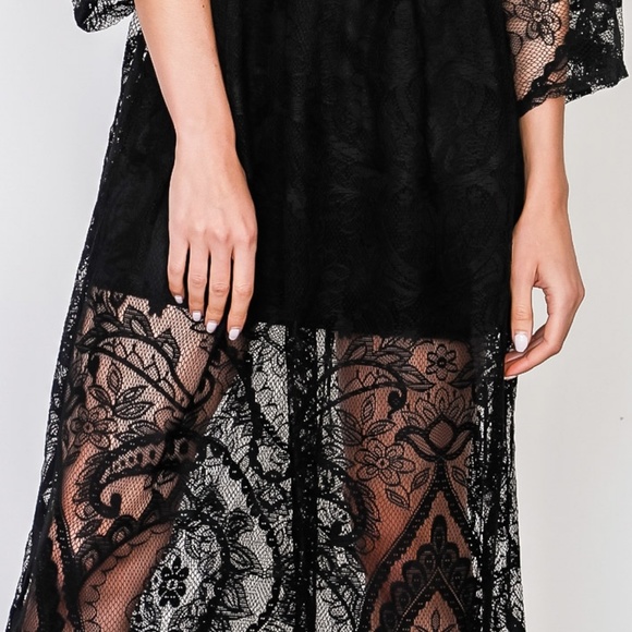 Black Sheer Lace Plunging V Neck Kimono Midi Dress - Picture 7 of 8